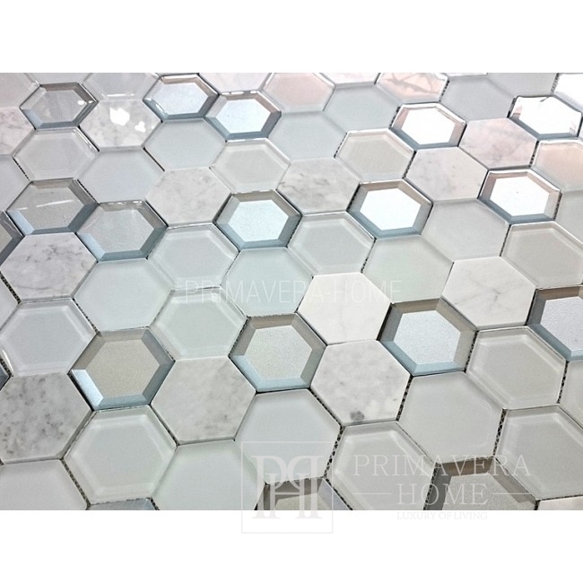 White marble Honey acetagon Stone hexa glass mosaic
