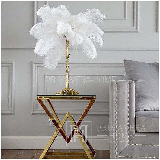 Ekskluzywana lampa stołowa z naturalnymi piórami glamour, nowoczesna, nowojorska, złota PARIS