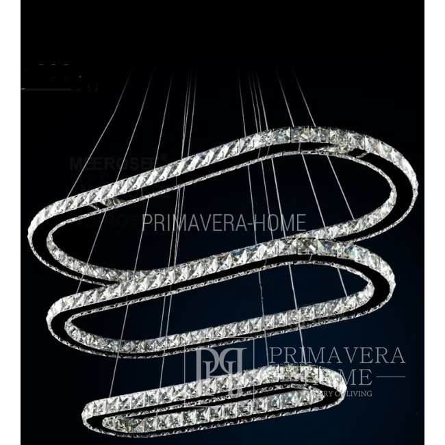 Nowoczesny żyrandol z ringami led regulowany, kryształowa lampa wisząca owalna podłużna srebrny ECLIPSE XL