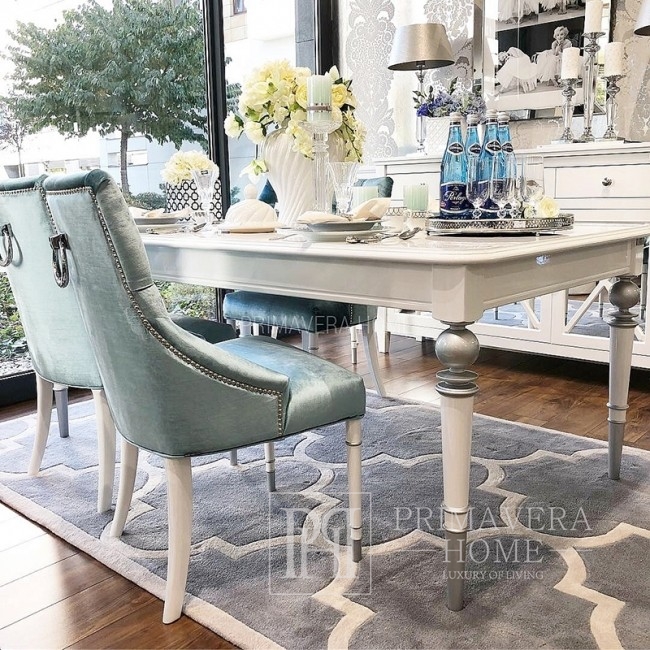 Stylowy stół elegancki drewniany, wysoki połysk, mat, rozkładany, glamour srebrny QUEEN