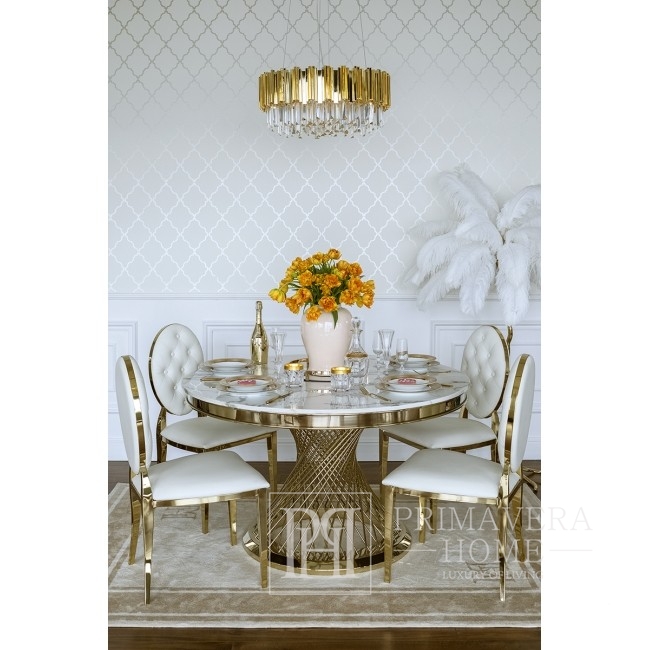 Glamour-Esszimmerstuhl Edelstahl, weiß-goldenes Medaillon