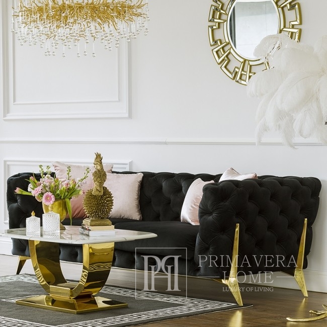 Glamour paminkštinta moderni aukso dygsniuota sofa DIVA GOLD