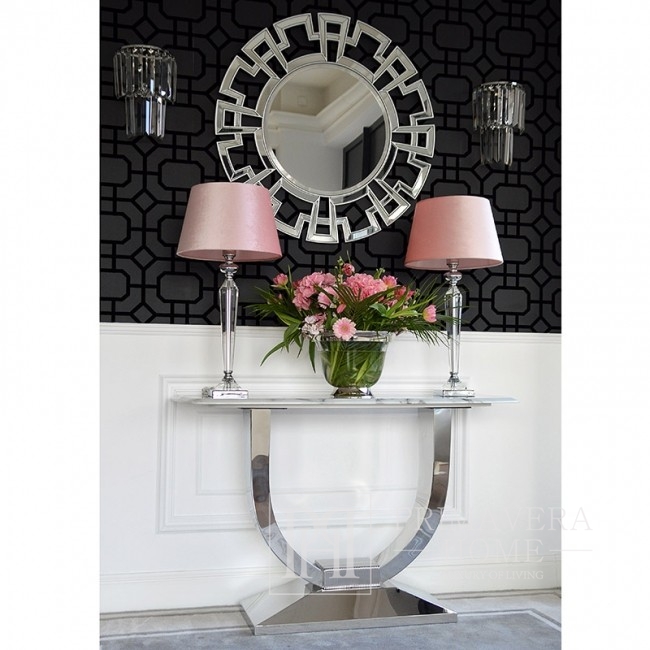 Modern glamor style console with a white marble top, silver ART DECO