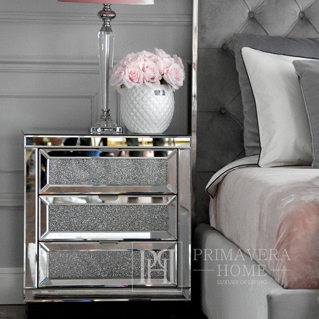 Bedside table PAOLA S mirrored on metal legs in a glamor, New York style