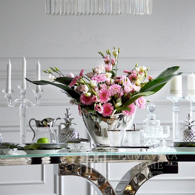 Luksusowy stół nowoczesny glamour ze szklanym białym blatem designerski stalowy srebrny RITZ OUTLET