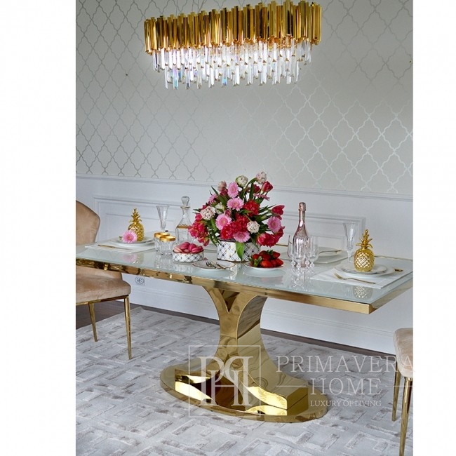 Stół glamour do jadalni złoty stalowy biały szklany lustrzany blat Ritz 220 cm OUTLET
