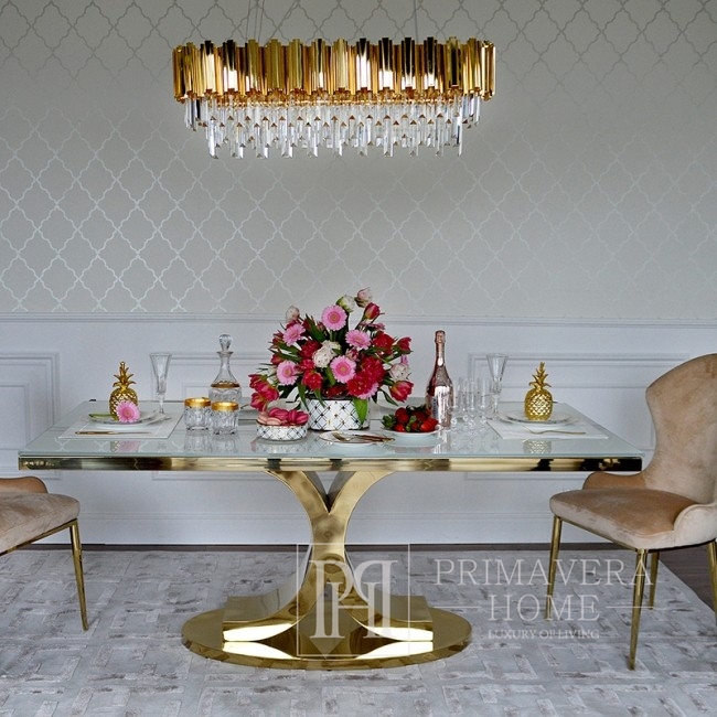 Dining Glamor Table Gold Steel White Glass Top High Gloss Ritz 180x100