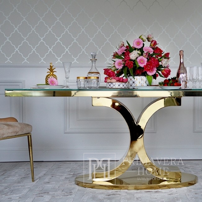 Stół glamour do jadalni złoty stalowy biały szklany lustrzany blat Ritz 220 cm OUTLET