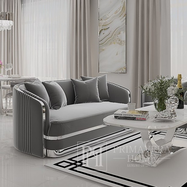 sofa glamour luksusowa ekskluzywna szara srebrna tkanina plamoodporna elementy stali srebrne