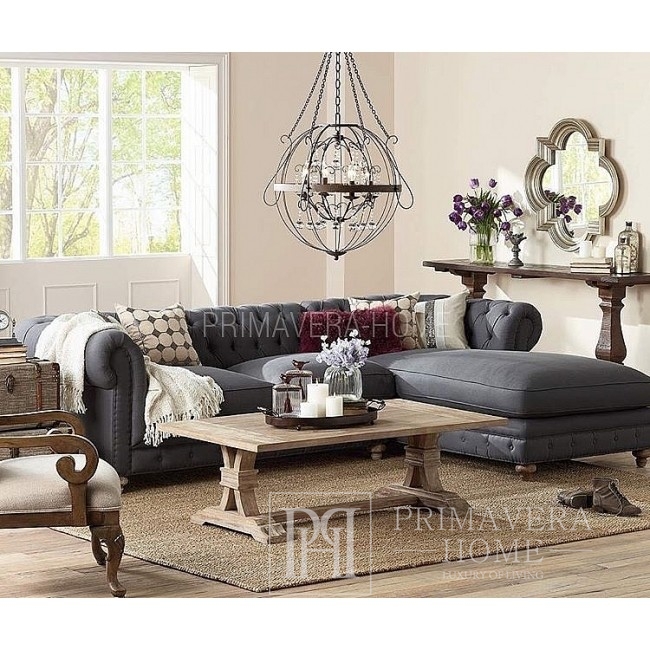 Narożna sofa z funkcja spania rozkladana, tapicerowana w stylu glamour Chesterfield