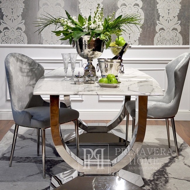 Ekskluzywny stół do jadalni glamour art deco, czarny blat marmurowy stalowy srebrny VOUGE
