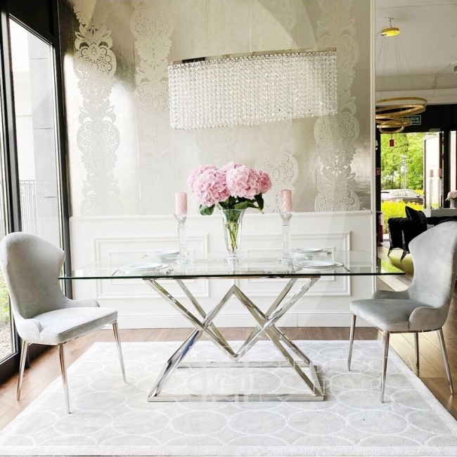 Nowoczesny stół glamour ze szklanym blatem, stalowy, designerski, srebrny CONRAD