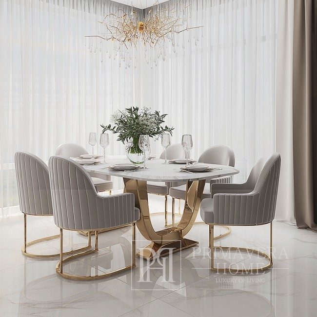 Ekskluzywny stół do jadalni glamour art deco, biały blat marmurowy, stalowy, złoty VOUGE