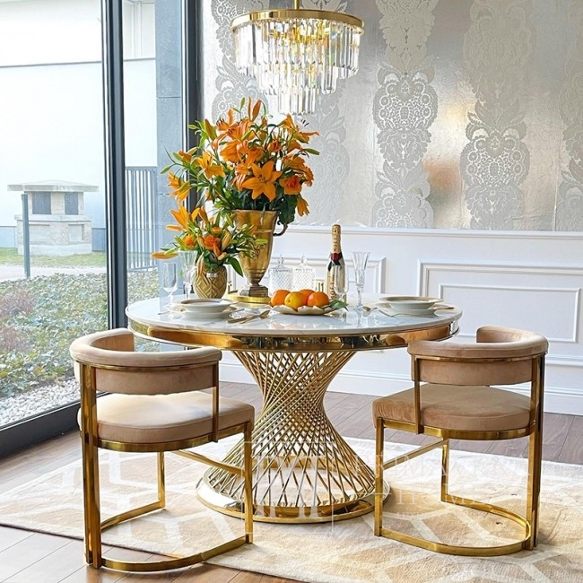 Designerski stół okrągły stalowy do jadalni z białym, czarnym blatem marmurowym nowoczesny glamour złoty ANTONIO