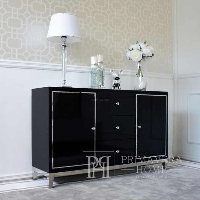 Lorenzo L Silver black modern glamour wooden lacquered chest of drawers with steel legs