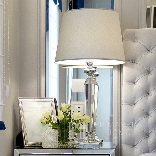 Lampa stołowa srebrna nowoczesna w stylu glamour kryształowa biała TRINITY L nowojorska hamptons