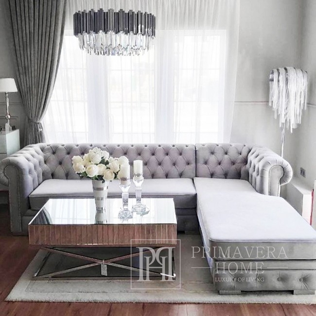 Narożna sofa z funkcja spania rozkladana, tapicerowana w stylu glamour Chesterfield