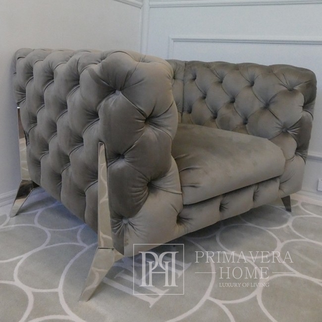 A set of 2 modern New York glamor quilted armchairs for a living room, steel gray velvet DIVA
