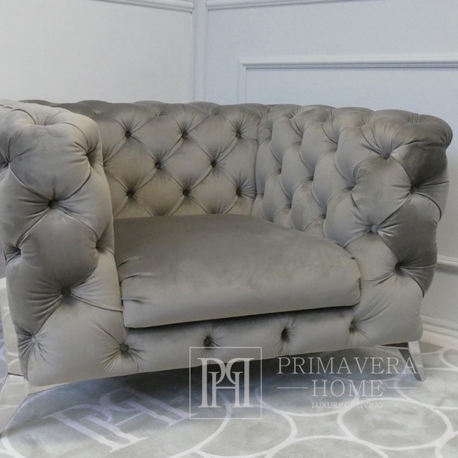 A set of 2 modern New York glamor quilted armchairs for a living room, steel gray velvet DIVA
