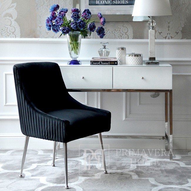 Kėdė šiuolaikiška, minkšta, glamour, valgomajam, svetainei, su beldikliu, sidabrinė, juoda PALOMA 