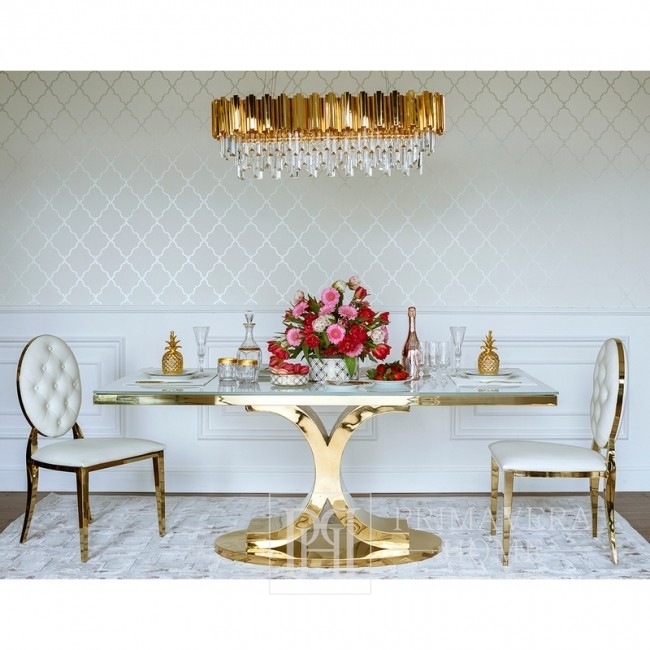 Glamour-Esszimmerstuhl Edelstahl, weiß-goldenes Medaillon