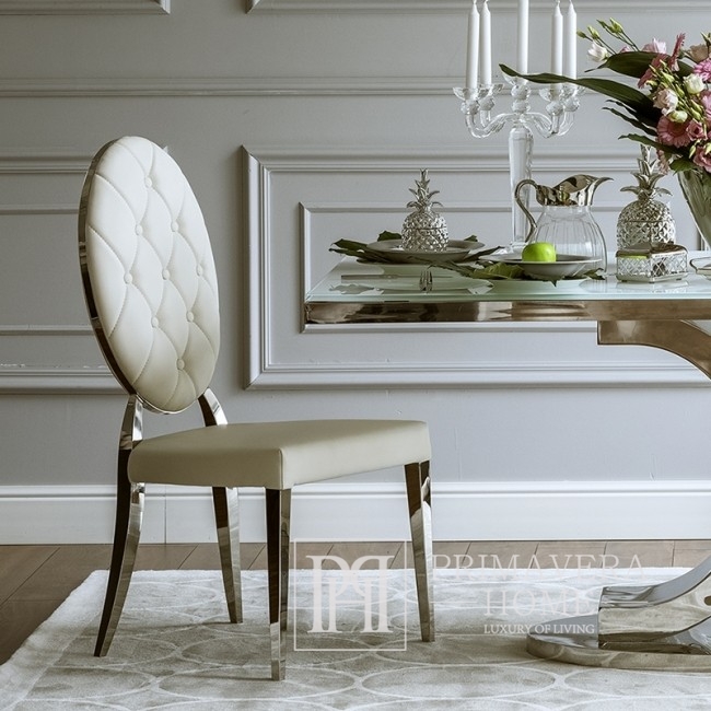 Krzesło glamour MEDALION do jadalni tapicerowane  stal nierdzewna, białe srebrne