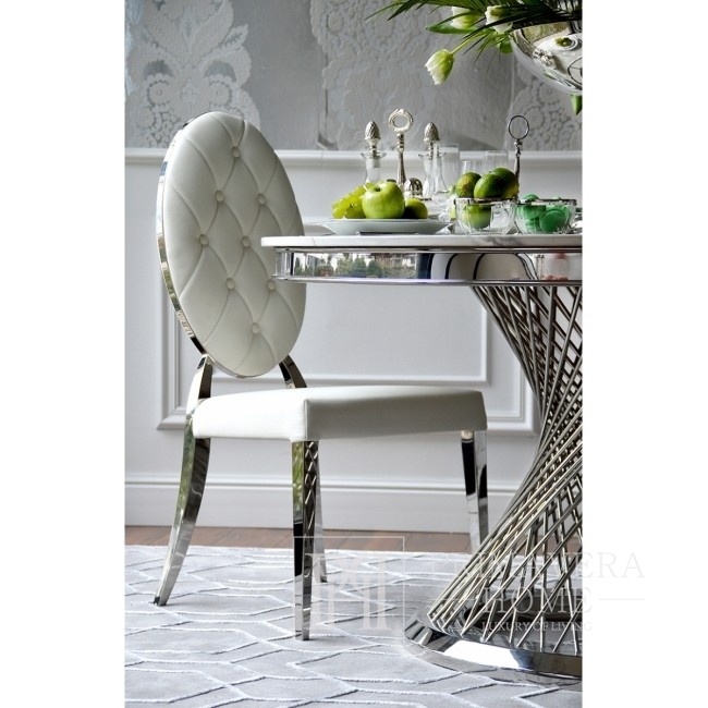 Krzesło glamour MEDALION do jadalni tapicerowane  stal nierdzewna, białe srebrne