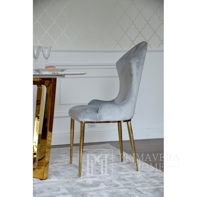 Krzesło glamour LOUIS tapicerowane nowoczesne stalowe nowojorskie złote, szare 49x55x110
