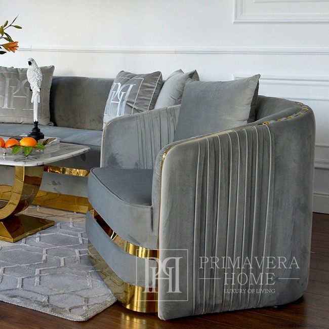Modernus glamūrinis minkštas fotelis svetainei, valgomajam, aukso pilka MADONNA