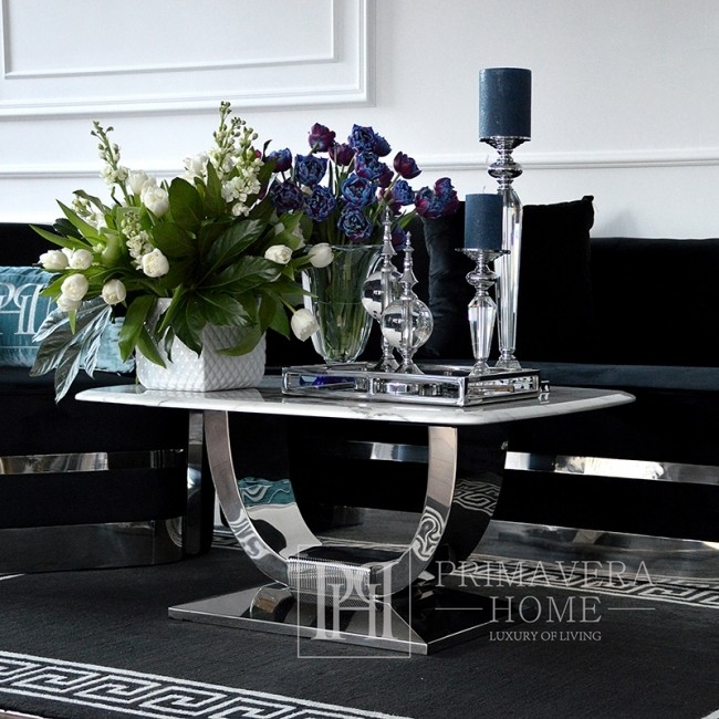 Nowoczesny stolik kawowy do salonu z białym marmurowym blatem srebrny ART DECO