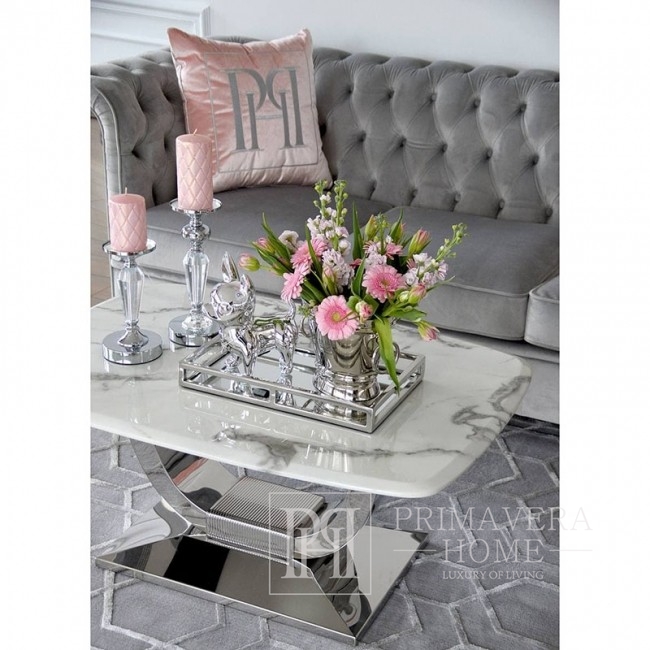 Nowoczesny stolik kawowy do salonu z białym marmurowym blatem srebrny ART DECO