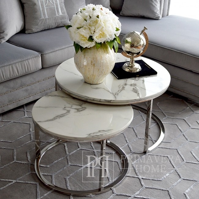 Stolik kawowy nowoczesny srebrny styl glamour z białym kamiennym marmurowym blatem MARCO SILVER