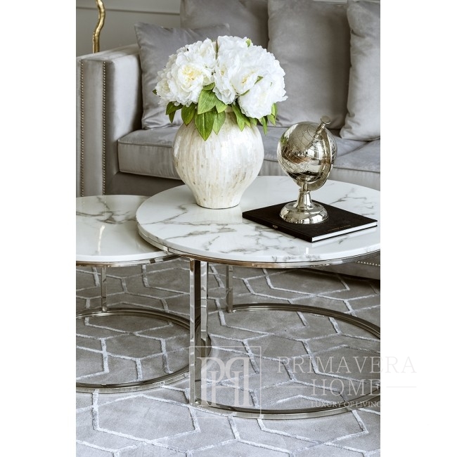 Stolik kawowy nowoczesny srebrny styl glamour z białym kamiennym marmurowym blatem MARCO SILVER