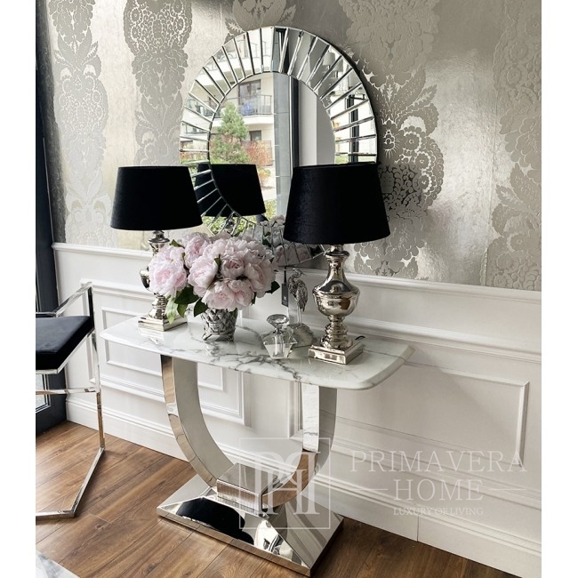 Modern glamor style console with a white marble top, silver ART DECO