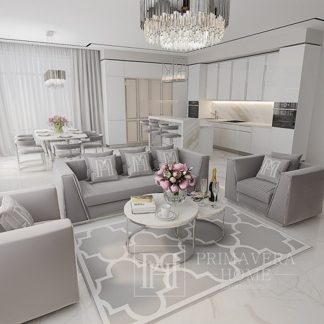 Klasyczna sofa do salonu, glamour, nowoczesna, tapicerowana, art deco, szara, srebrna MONTE CARLO