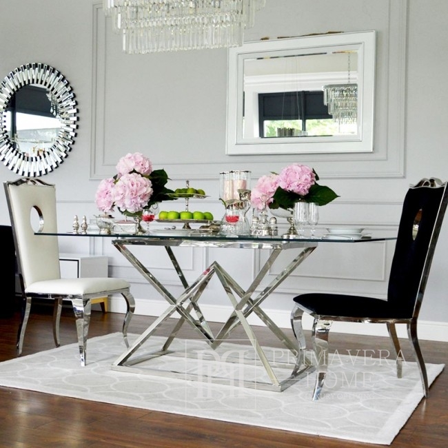 Nowoczesny stół glamour ze szklanym blatem, stalowy, designerski, srebrny CONRAD