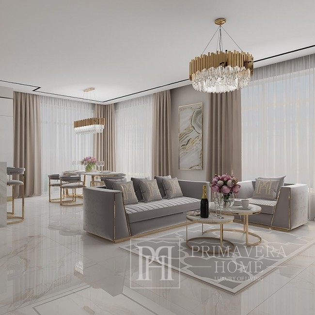 Sofa minkšta, velvet, šiuolaikiška, glamour stiliaus, svetainei, pilka, auksinė MONTE CARLO 