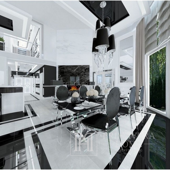 Glamour gepolsterter, gesteppter Stahl-Esszimmerstuhl schwarz velour MEDALION OUTLET
