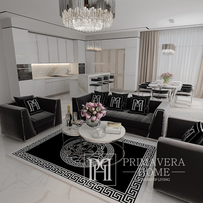 Modern, glamor style velvet upholstered sofa for the living room, black and silver MONTE CARLO