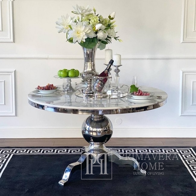 Glamour rund Tisch HERMES Esszimmer, Stahl Silber mit weißem Marmor
