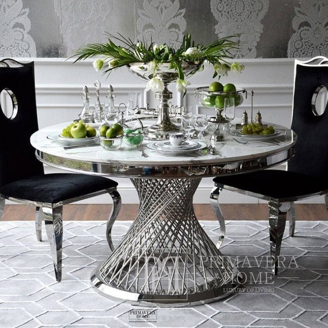 Apvalus glamour sidabro plieno stalas su marmuriniu viršumi ANTONIO