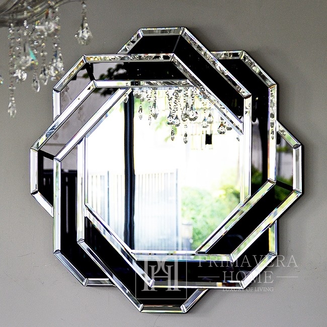 A wall mirror in a round gold and white geometric frame will beautifully highlight your corridor, hall or bathroom