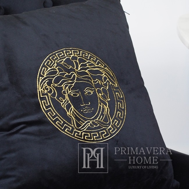 Dekoratives schwarzes Samtkissen mit goldenem logo Medusa