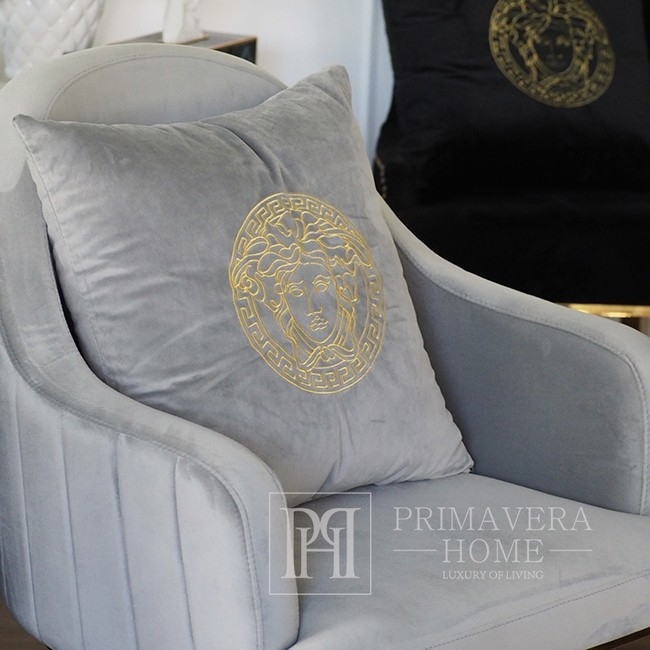 Decorative gray velvet pillow with gold logo Medusa