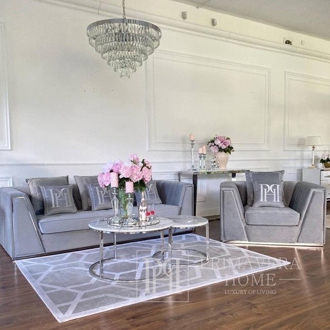 Klasyczna sofa do salonu, glamour, nowoczesna, tapicerowana, art deco, szara, srebrna MONTE CARLO