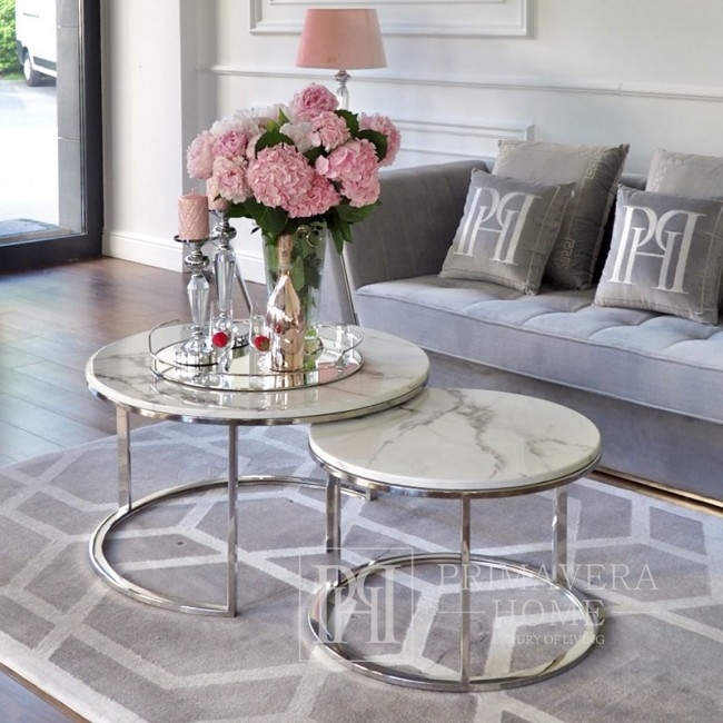 Coffee table modern silver glamour style with white stone top MARCO SILVER