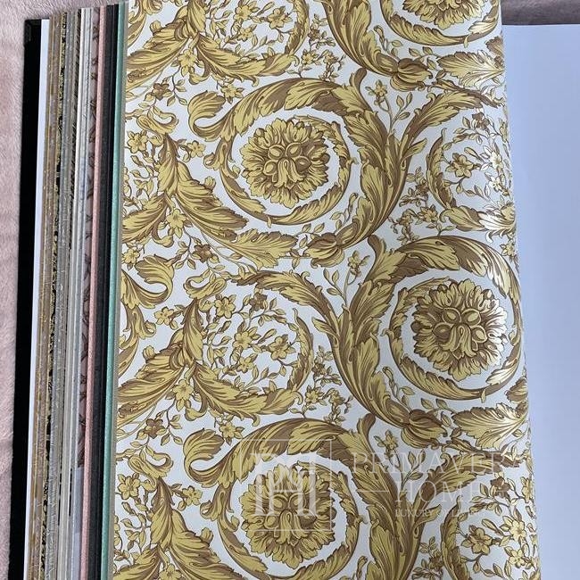 Išskirtiniai tapetai Versace Barocco Flower aukso / kreminės spalvos metaliniai 