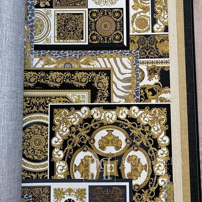 Prabangūs geometriniai tapetai Versace glamūriniai kvadratai rudi ir auksiniai