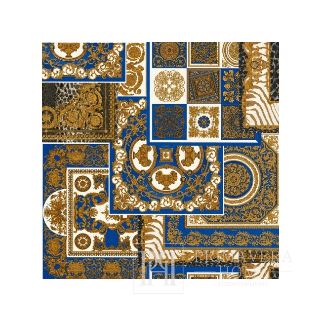 Prabangūs „Versace Découpage“ tapetai su mėlynais ir auksiniais kvadratais 