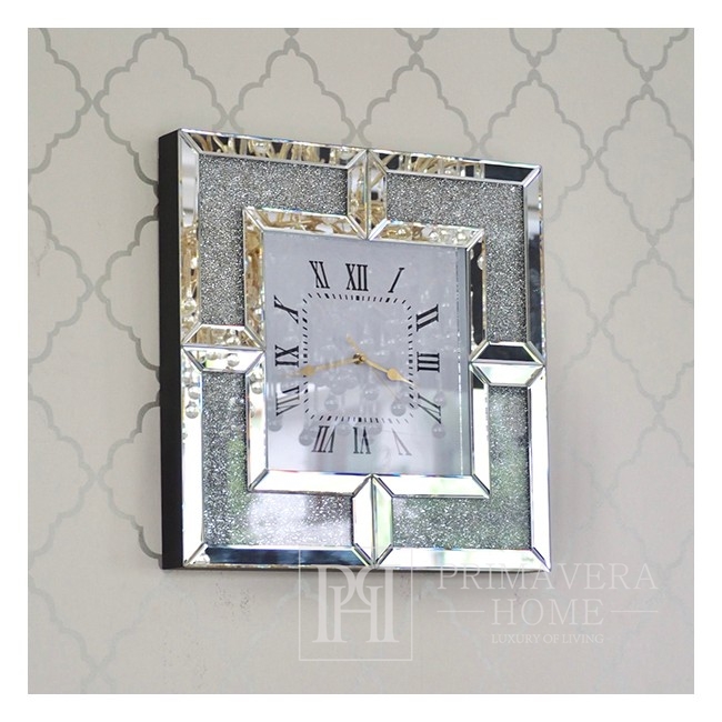 Lustrzany zegar ścienny PAOLA 4 SILVER nowoczesny diamentowy